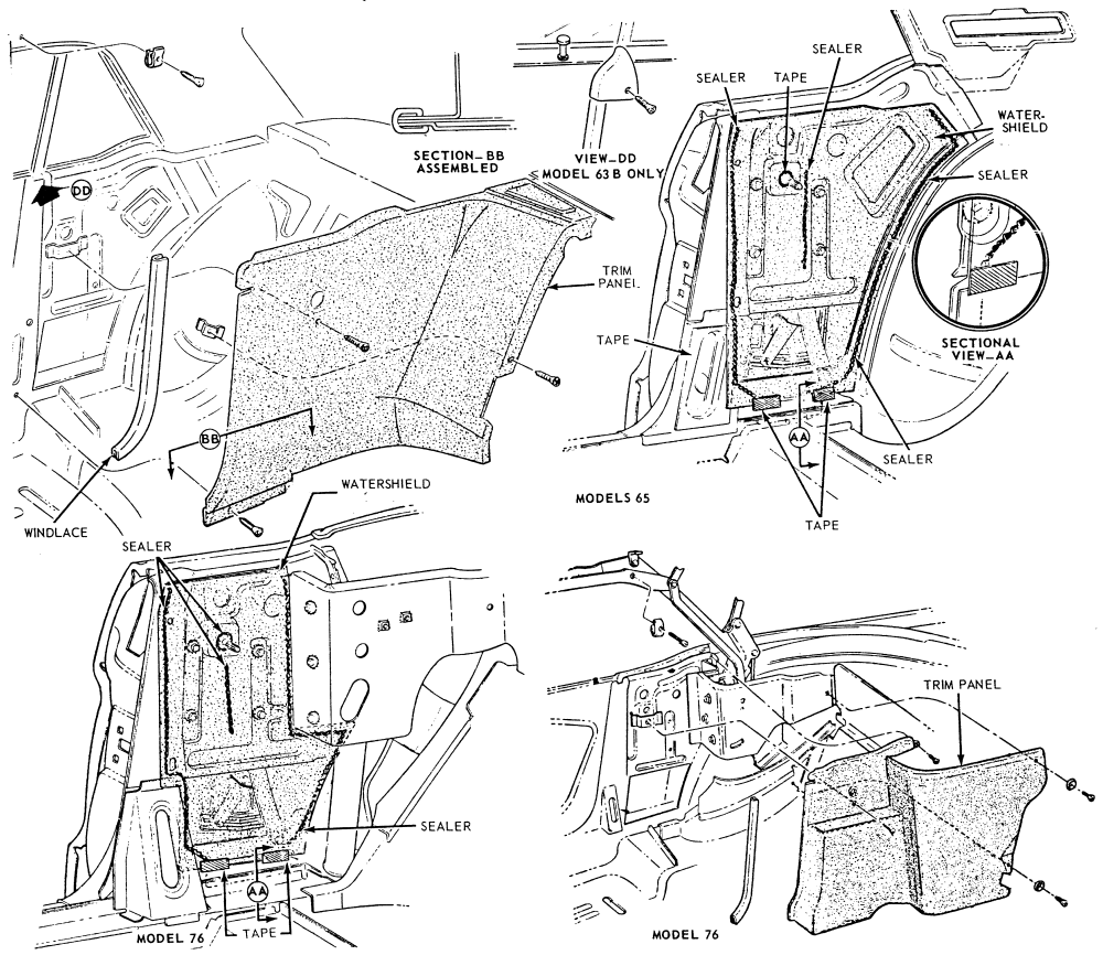 CLASSIC MUSTANG COUPE QUARTER TRIM PANEL MOUNTING & SEALING DIAGRAM